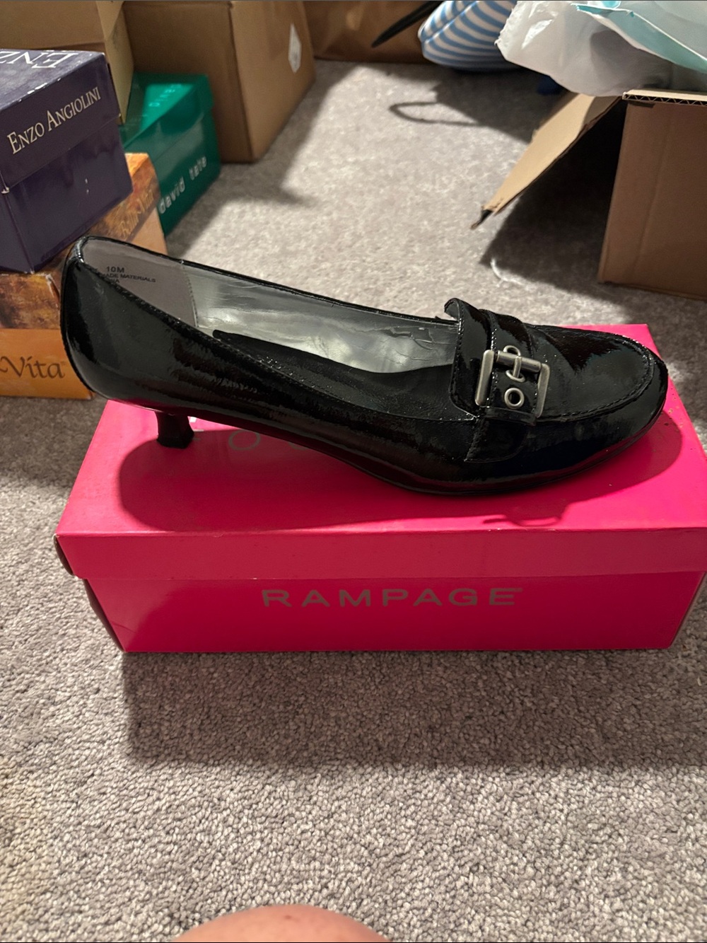 Rampage Black Patent Loafer with Silver Buckle and Low Heel